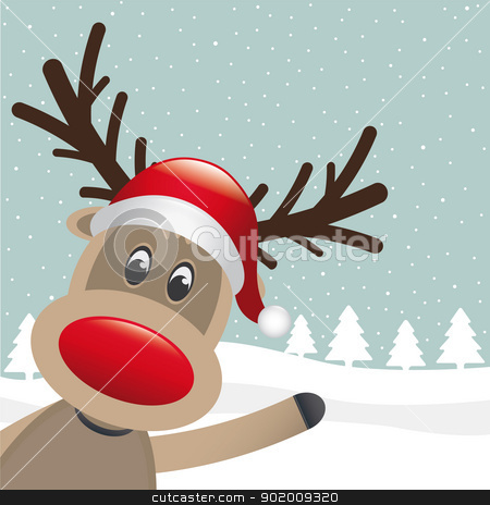 Reindeer wave hand on winter landscape reindeer wave hand on winter landscape stock vector clipart, reindeer hat wave hand on winter landscape by d3images