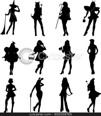 To use this stock image in your creative project, please select the size you need over to the right and click the "Add to Cart" button.
Your downloaded image will come with the Cutcaster watermark removed so don’t worry about the watermark you see on this page. Girls in costumes for Halloween party silhouette stock vector clipart, Girls in costumes for Halloween party silhouette, one in the series of similar images by Tijana Mihajlovic