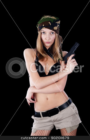 To use this stock image in your creative project, please select the size you need over to the right and click the "Add to Cart" button.
Your downloaded image will come with the Cutcaster watermark removed so don’t worry about the watermark you see on this page. Pretty woman with a gun stock photo, Sexy young woman with a gun at grey by Aikon