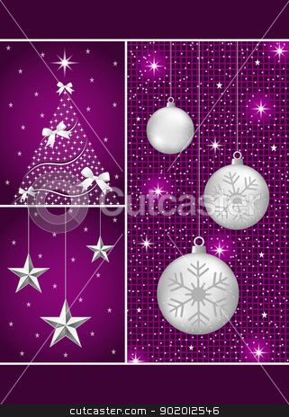To use this stock image in your creative project, please select the size you need over to the right and click the "Add to Cart" button.
Your downloaded image will come with the Cutcaster watermark removed so don’t worry about the watermark you see on this page. Christmas balls, tree and stars stock vector clipart, Christmas balls in silver with snowflakes, xmas tree and hanging stars on a purple themed background. by toots77