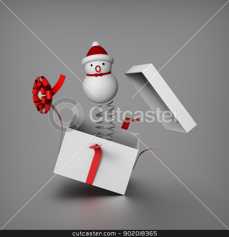 Snowman mimics Jack in the box Snowman mimics Jack in the box stock photo, Snowman springs out from the gift box to surprises everybody by mrdoggs