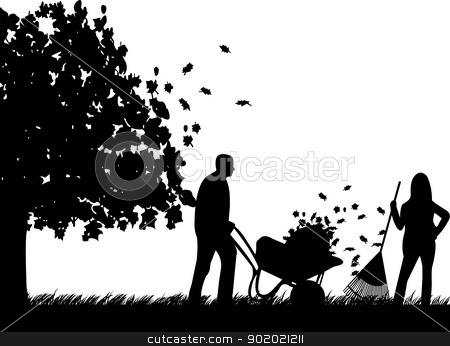 To use this stock image in your creative project, please select the size you need over to the right and click the "Add to Cart" button.
Your downloaded image will come with the Cutcaster watermark removed so don’t worry about the watermark you see on this page. Couple raking leaves in autumn or fall in garden or yard under the tree silhouette stock vector clipart, Couple raking leaves in autumn or fall in garden or yard under the tree silhouette by Tijana Mihajlovic