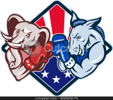 Democrat Donkey Republican Elephant Mascot Boxing Democrat Donkey Republican Elephant Mascot Boxing stock vector clipart, Illustration of a democrat donkey mascot of the democratic grand old party gop and republican elephant boxer boxing with gloves set inside diamond with American stars and stripes flag done in cartoon style. by patrimonio