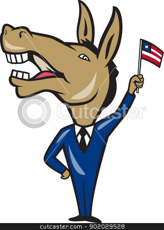 Democrat Donkey Mascot American Flag Democrat Donkey Mascot American Flag stock vector clipart, Illustration of a democrat donkey mascot of the democratic party waving american stars and stripes flag done in cartoon style. by patrimonio