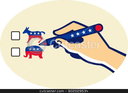 Hand Holding Pen Voting American Election Hand Holding Pen Voting American Election stock vector clipart, Illustration of a hand writing with pen voting american election ballot for democrat or republican party. by patrimonio