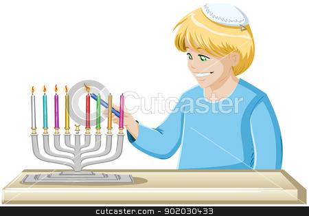 A Boy Lights A Hanukkiah Candle A Boy Lights A Hanukkiah Candle stock vector clipart, A vector illustrations of a jewish boy lighting Hanukkiah candles for Hanukkah. by Liron Peer