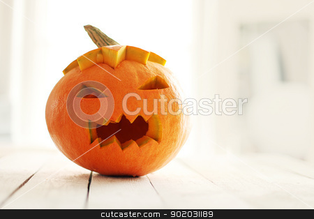 Halloween pumpkin Halloween pumpkin stock photo, Halloween pumpkin on a white wooden surface by yekostock