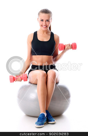 To use this stock image in your creative project, please select the size you need over to the right and click the "Add to Cart" button.
Your downloaded image will come with the Cutcaster watermark removed so don’t worry about the watermark you see on this page. Young woman doing exercise with dumbells on a ball stock photo, Beautiful and smiling woman doing exercises with dumbells on fitness ball over white background by yekostock