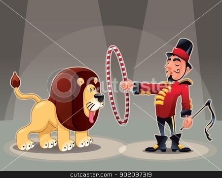 Lion Tamer with lion. Lion Tamer with lion. stock vector clipart, Lion Tamer with lion. Funny cartoon and vector circus illustration. by ddraw
