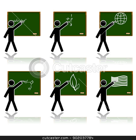 To use this stock image in your creative project, please select the size you need over to the right and click the "Add to Cart" button.
Your downloaded image will come with the Cutcaster watermark removed so don’t worry about the watermark you see on this page. Glossy school icons stock vector clipart, Glossy color icon set showing a teacher on a blackboard teaching different subjects: alphabet, math, geography, chemistry, biology and history. by Bruno Marsiaj