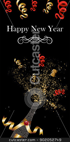 Elegant champagne bottle uncorked in New Year Elegant champagne bottle uncorked in New Year stock vector clipart, Diamond champagne bottle with gold ribbon in New Year celebration. Vector illustration layered for easy manipulation and custom coloring. by Cienpies Design