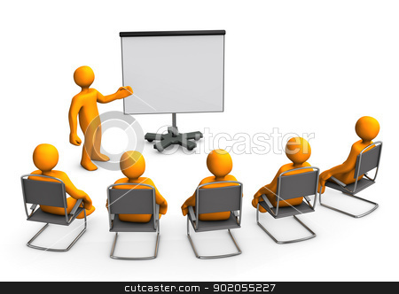Lecture Flipchart Lecture Flipchart stock photo, Orange cartoon characters sit in on a lecture. by Alexander Limbach