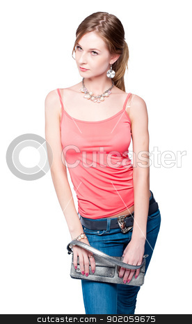 Beautiful woman with bag Beautiful woman with bag stock photo, Portrait of fashionable young woman with hand bag by Aikon