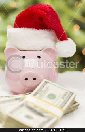 Pink Piggy Bank Wearing Santa Hat Near Stacks of Money on Snowfl Pink Piggy Bank Wearing Santa Hat Near Stacks of Money on Snowfl stock photo, Pink Piggy Bank Wearing Santa Hat Near Stacks of Hundreds of Dollars of Money on Snowflakes. by Andy Dean