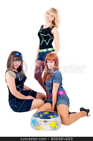 Three pretty girls dancing Three pretty girls dancing stock photo, Three young beautiful women in dancing costumes by Aikon