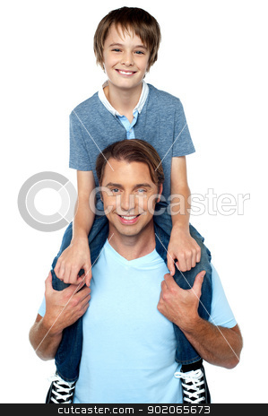 To use this stock image in your creative project, please select the size you need over to the right and click the "Add to Cart" button.
Your downloaded image will come with the Cutcaster watermark removed so don’t worry about the watermark you see on this page. Adorable young son enjoying piggyback ride stock photo, Cheerful son enjoying a piggyback ride on his father's shoulder. Studio shot. by Ishay Botbol