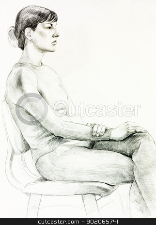 Portrait of a woman Portrait of a woman stock photo, Original pencil or drawing charcoal, and hand drawn painting or working sketch of a woman sitting in a chair.Free composition by borojoint