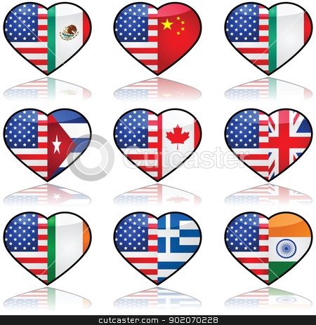 To use this stock image in your creative project, please select the size you need over to the right and click the "Add to Cart" button.
Your downloaded image will come with the Cutcaster watermark removed so don’t worry about the watermark you see on this page. USA divided love stock vector clipart, Icon collection showing the flag of the United States in a divided heart sharing it with other nationalities that have a significant number of immigrants in the country by Bruno Marsiaj