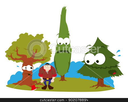 To use this stock image in your creative project, please select the size you need over to the right and click the "Add to Cart" button.
Your downloaded image will come with the Cutcaster watermark removed so don’t worry about the watermark you see on this page. funny trees and logger stock vector clipart, a vector cartoon representing three funny trees and a logger by pcanzo