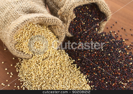 To use this stock image in your creative project, please select the size you need over to the right and click the "Add to Cart" button.
Your downloaded image will come with the Cutcaster watermark removed so don’t worry about the watermark you see on this page. Quinoa stock photo, Raw red and white quinoa grains in jute sack on wood. Quinoa is grown in the Andes region and has a high protein content and a high nutritional value (Selective Focus, Focus on the white quinoa grains at the sack opening running through to the right corner) by Ildiko Papp