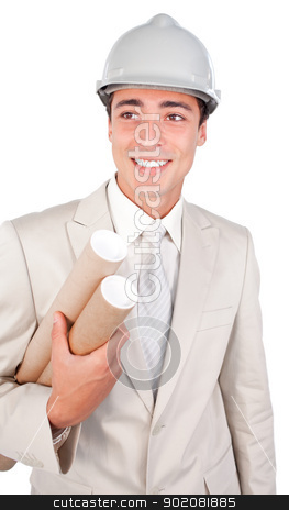 Confident male architect wearing a hardhat Confident male architect wearing a hardhat stock photo, Confident male architect wearing a hardhat isolated on a white background by Wavebreak Media