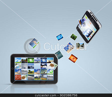 Modern communication technology Modern communication technology stock photo, Modern communication technology illustration with mobile phone and high tech background by Sergey Nivens