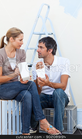 To use this stock image in your creative project, please select the size you need over to the right and click the "Add to Cart" button.
Your downloaded image will come with the Cutcaster watermark removed so don’t worry about the watermark you see on this page. Couple eating while renovating their new house stock photo, Young couple eating while renovating their new house by Wavebreak Media