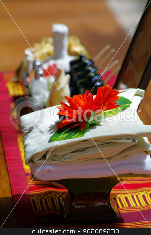 Spa setting Spa setting stock photo, Spa setting with towel and oil by Vitaliy Pakhnyushchyy