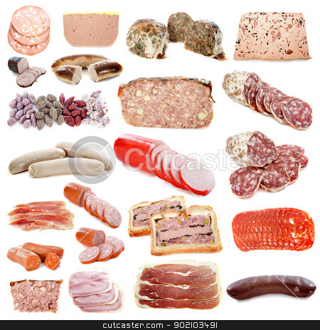 Cooked meats cooked meats stock photo, cooked meats in front of white background by Bonzami Emmanuelle
