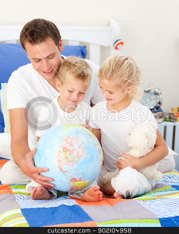 To use this stock image in your creative project, please select the size you need over to the right and click the "Add to Cart" button.
Your downloaded image will come with the Cutcaster watermark removed so don’t worry about the watermark you see on this page. Jolly father and his children holding a terretrial globe stock photo, Jolly father and his children holding a terretrial globe sitting on a bed by Wavebreak Media
