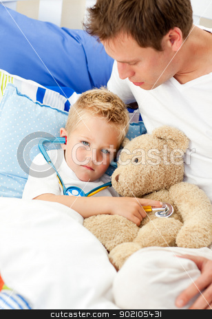 To use this stock image in your creative project, please select the size you need over to the right and click the "Add to Cart" button.
Your downloaded image will come with the Cutcaster watermark removed so don’t worry about the watermark you see on this page. Earing father and his sick son playing with a stethoscope stock photo, Earing father and his sick son playing with a stethoscope sitting on bed by Wavebreak Media