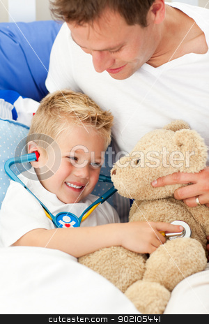 To use this stock image in your creative project, please select the size you need over to the right and click the "Add to Cart" button.
Your downloaded image will come with the Cutcaster watermark removed so don’t worry about the watermark you see on this page. Positive father and his sick son playing with a stethoscope stock photo, Positive father and his sick son playing with a stethoscope sitting on bed by Wavebreak Media