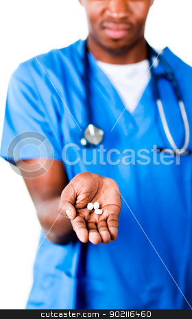To use this stock image in your creative project, please select the size you need over to the right and click the "Add to Cart" button.
Your downloaded image will come with the Cutcaster watermark removed so don’t worry about the watermark you see on this page. Serious doctor holding pills and glass of water stock photo, Serious Afro-American doctor holding pills and glass of water in front of the camera by Wavebreak Media