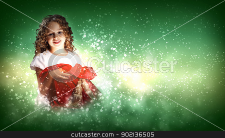 Happy girl opening gift box Happy girl opening gift box stock photo, A cute young girl holding a christmas gift, dark background with christmas light bokeh by Sergey Nivens