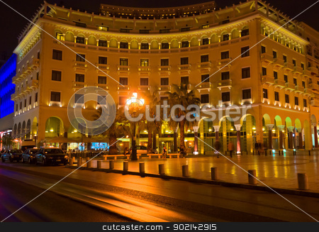 Thessaloniki by night, Greece Thessaloniki by night, Greece stock photo, Nice view of place and building at night with reflection on the street by Imaster