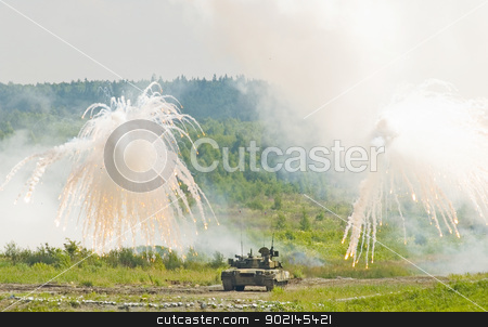 Tank T-80 Tank T-80 stock photo, Russian tank T-80 making smoke screen from enemy by Aikon