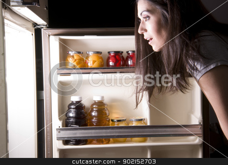 To use this stock image in your creative project, please select the size you need over to the right and click the "Add to Cart" button.
Your downloaded image will come with the Cutcaster watermark removed so don’t worry about the watermark you see on this page. Fridge Raid stock photo, A woman raids the refrigerator late at night by Christopher Boswell
