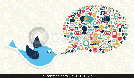 Social media marketing twitter bird concept Social media marketing twitter bird concept stock vector clipart, Blue bird cartoon and social media icon set in speech bubble shape. Vector file layered for easy manipulation and custom coloring. by Cienpies Design