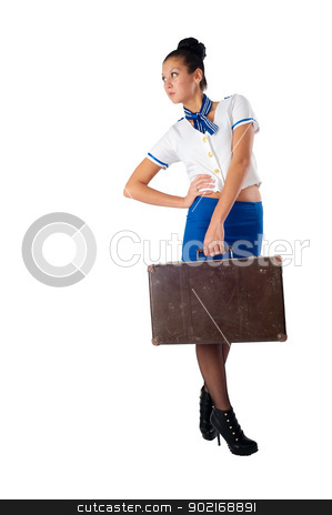 To use this stock image in your creative project, please select the size you need over to the right and click the "Add to Cart" button.
Your downloaded image will come with the Cutcaster watermark removed so don’t worry about the watermark you see on this page. Young beautiful air hostess stock photo, Attractive young stewardess with old suitcase, isolated over white background by Aikon