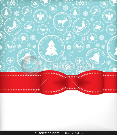 Seasonal greeting card with ribbon Seasonal greeting card with ribbon stock vector clipart, Seasonal greeting card with delicate spherical ornaments each containg a traditional Christmas symbol decorated with a red bow and ribbon with blank white copyspace for your message below by 99idesign