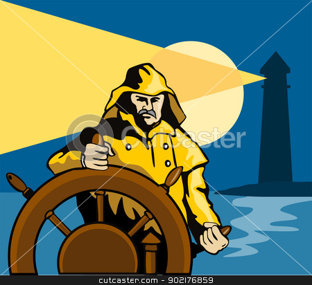 To use this stock image in your creative project, please select the size you need over to the right and click the "Add to Cart" button.
Your downloaded image will come with the Cutcaster watermark removed so don’t worry about the watermark you see on this page. Fisherman Sea Captain Helm Retro stock vector clipart, Illustration of a fisherman sea captain at the helm steering wheel retro style. by patrimonio