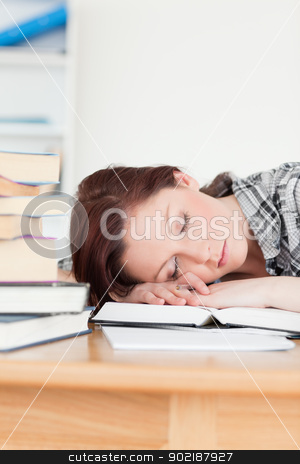Attractive red-haired girl having a rest while studying for an e Attractive red-haired girl having a rest while studying for an e stock photo, Attractive red-haired girl having a rest while studying for an examination at her desk by Wavebreak Media