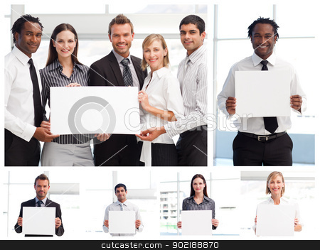 To use this stock image in your creative project, please select the size you need over to the right and click the "Add to Cart" button.
Your downloaded image will come with the Cutcaster watermark removed so don’t worry about the watermark you see on this page. Collage of business people holding signs stock photo, Collage of business people holding signs by Wavebreak Media