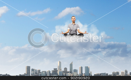 To use this stock image in your creative project, please select the size you need over to the right and click the "Add to Cart" button.
Your downloaded image will come with the Cutcaster watermark removed so don’t worry about the watermark you see on this page. Businesswoman meditating sitting on the cloud stock photo, Businesswoman meditating sitting on the white cloud by Sergey Nivens