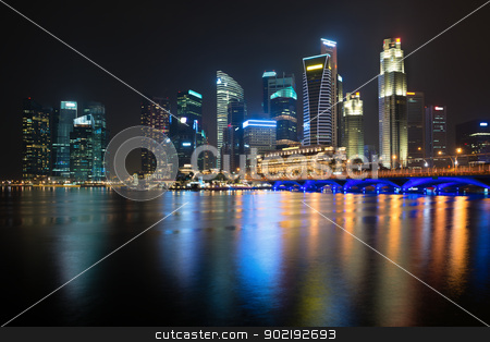 To use this stock image in your creative project, please select the size you need over to the right and click the "Add to Cart" button.
Your downloaded image will come with the Cutcaster watermark removed so don’t worry about the watermark you see on this page. Night illuminated skyline stock photo, Night illuminated skyline view with water reflections, Singapore by Iryna Rasko