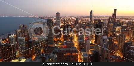 To use this stock image in your creative project, please select the size you need over to the right and click the "Add to Cart" button.
Your downloaded image will come with the Cutcaster watermark removed so don’t worry about the watermark you see on this page. Chicago stock photo, View to Downtown Chicago / USA from high above at twilight by Achim Baque