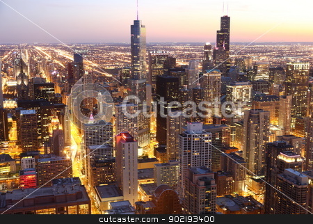 To use this stock image in your creative project, please select the size you need over to the right and click the "Add to Cart" button.
Your downloaded image will come with the Cutcaster watermark removed so don’t worry about the watermark you see on this page. Chicago stock photo, View to Downtown Chicago / USA from high above at twilight by Achim Baque