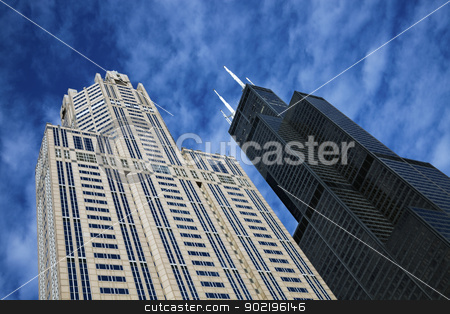 To use this stock image in your creative project, please select the size you need over to the right and click the "Add to Cart" button.
Your downloaded image will come with the Cutcaster watermark removed so don’t worry about the watermark you see on this page. Willis Tower and Three Eleven South Wacer stock photo, Chicago, Illinois, USA - October 10, 2019 Willis Tower and Three Eleven South Wacer in downtown of Chicago seen during the fall morning. Seen while looking up with the blue sky and clouds. Willis Tower (formerly Sears Tower) was the tallest building in the world from 1973 to 1998. by Henryk Sadura