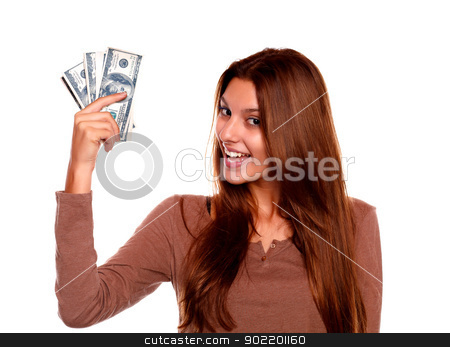 To use this stock image in your creative project, please select the size you need over to the right and click the "Add to Cart" button.
Your downloaded image will come with the Cutcaster watermark removed so don’t worry about the watermark you see on this page. Charming young female with cash money stock photo, Portrait of a charming young female with cash money with long brow hair against white background by pablocalvog