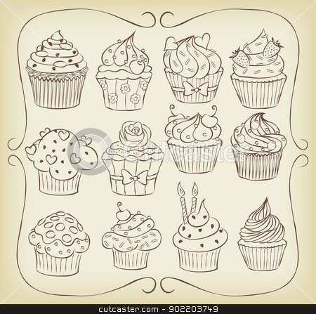 Yummmmy!!! Yummmmy!!! stock vector clipart, Sketchy yummy cupcakes set with frame. by wingedcats